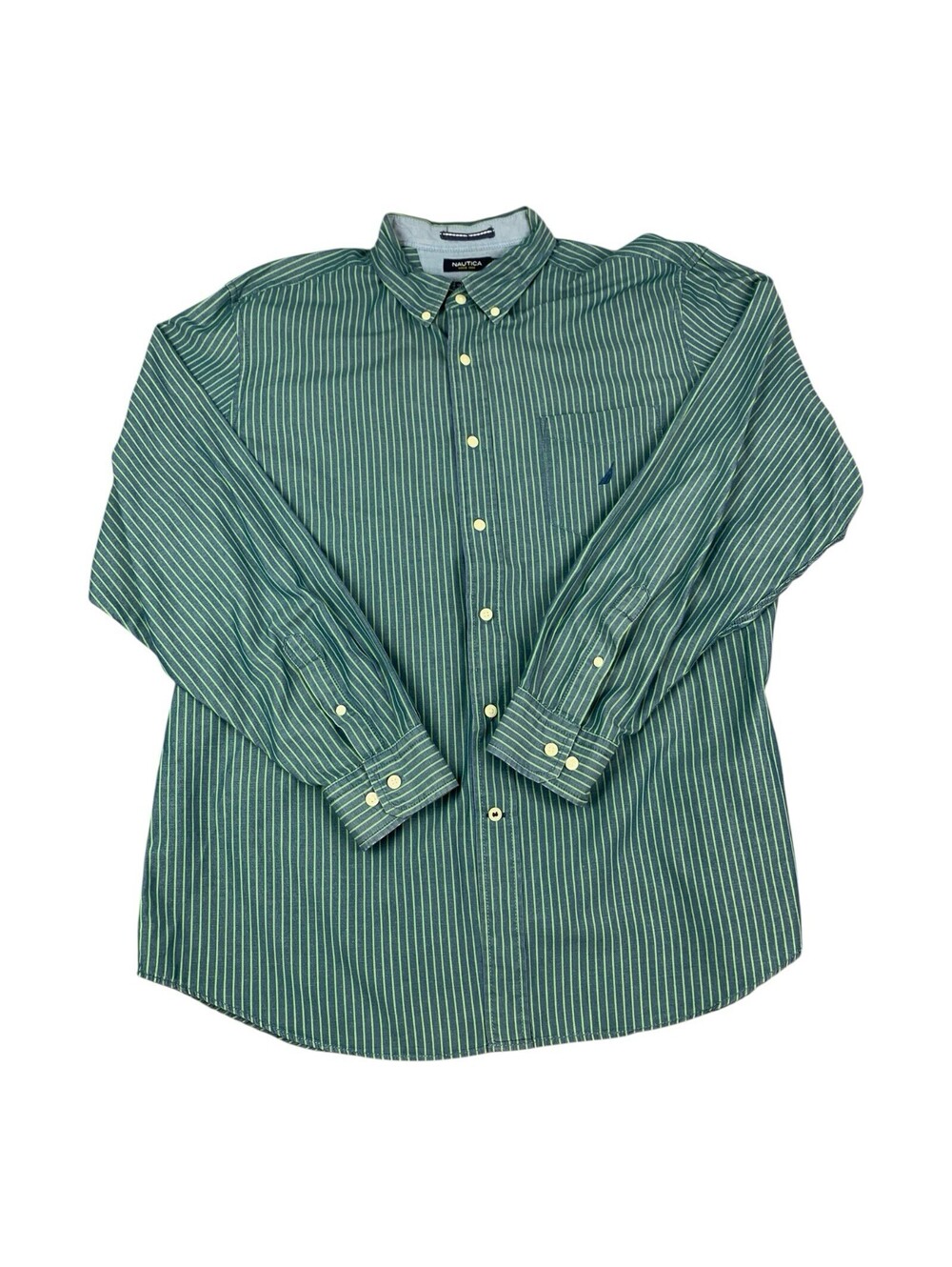 Nautica Men’s Long Sleeve Button Up Shirt, Green Striped Y2K, Size XL